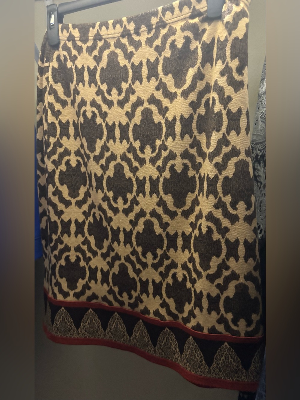 Nina Leonard Brown and Cream Damask Skirt with Red Border
